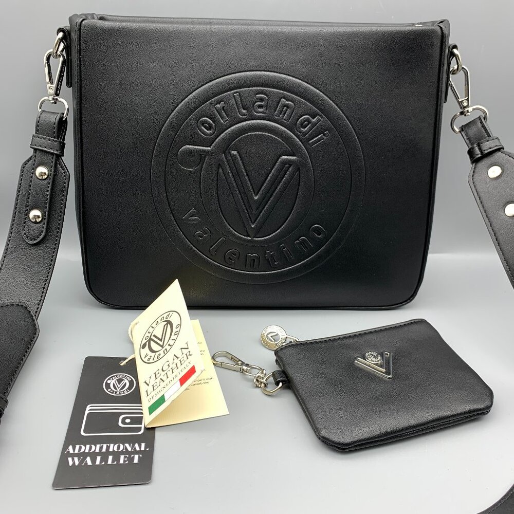 NWT Orlandi Valentino Italy Black Vegan Leather Crossbody Purse with Wallet